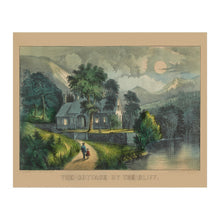 Load image into Gallery viewer, Digitally Restored and Enhanced 1856 The Cottage by the Cliff Print - Currier Ives Moonlit River Victorian Domestic Art - Hearthside - Archival Print
