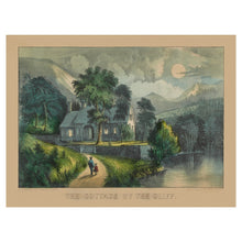 Load image into Gallery viewer, Digitally Restored and Enhanced 1856 The Cottage by the Cliff Print - Currier Ives Moonlit River Victorian Domestic Art - Hearthside - Archival Print
