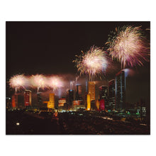 Load image into Gallery viewer, Digitally Restored and Enhanced Houston Texas Fireworks Skyline Print - Night Cityscape Celebration Photography - American Metropolis - Archival Print
