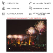 Load image into Gallery viewer, Digitally Restored and Enhanced Houston Texas Fireworks Skyline Print - Night Cityscape Celebration Photography - American Metropolis - Archival Print
