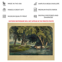Cargar imagen en el visor de la galería, Digitally Restored and Enhanced 1859 Summer Shades Print - Currier Ives Pastoral Cows Stream Shepherd Antebellum Art - Country Life - Archival Print
