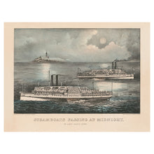 Load image into Gallery viewer, Digitally Restored and Enhanced 1870 Steamboats Passing at Midnight Print - Currier Ives Long Island Sound Maritime Moon - Gilded Age - Archival Print
