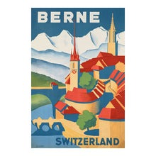 Cargar imagen en el visor de la galería, Digitally Restored and Enhanced 1935 Berne Switzerland Travel Poster - Medieval Old Town Cityscape - 1930s European Tourism Art - Swiss Plateau Aare River Region
