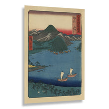 Load image into Gallery viewer, Digitally Restored and Enhanced 1853 Echizen Province Sunset Print - Hiroshige Sixty Odd Provinces Sailboats Sea of Japan - Edo Period - Archival Print
