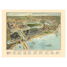 Cargar imagen en el visor de la galería, Digitally Restored and Enhanced 1893 Chicago Worlds Columbian Exposition Map - Gilded Age - Birds Eye View Art - Jackson Park Illinois Lakefront
