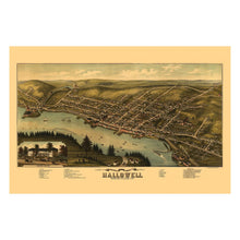 Load image into Gallery viewer, Digitally Restored and Enhanced 1878 Birds Eye View Hallowell Maine Print - Ruger Kennebec River Granite Quarry Town - Gilded Age - Archival Print
