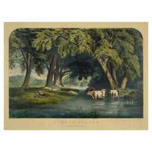 Cargar imagen en el visor de la galería, Digitally Restored and Enhanced 1859 Summer Shades Print - Currier Ives Pastoral Cows Stream Shepherd Antebellum Art - Country Life - Archival Print
