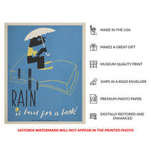 Load image into Gallery viewer, Digitally Restored and Enhanced 1936 Chicago Rain is Bad for a Book WPA Federal Art Project Library Poster - Depression Era Art Deco - Archival Reproduction
