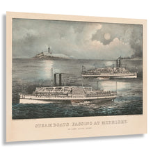 Load image into Gallery viewer, Digitally Restored and Enhanced 1870 Steamboats Passing at Midnight Print - Currier Ives Long Island Sound Maritime Moon - Gilded Age - Archival Print
