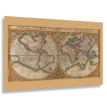 Load image into Gallery viewer, Digitally Restored and Enhanced 1587 Mercator World Map Print - Rumold Double Hemisphere Renaissance Terra Australis Globe - Age of Discovery - Archival Print
