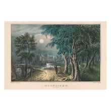 Cargar imagen en el visor de la galería, Digitally Restored and Enhanced 1856 Moonlight The Ruins Print - Currier Ives Nocturnal Romantic Ancient Bridge Couple - Grand Tour - Archival Print
