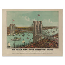 Load image into Gallery viewer, Digitally Restored and Enhanced 1890 Great East River Bridge Print - Currier Ives Brooklyn New York Suspension Landmark - Gilded Age - Archival Print

