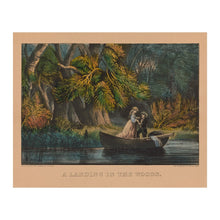 Cargar imagen en el visor de la galería, Digitally Restored and Enhanced 1856 A Landing in the Woods Print - Currier Ives Victorian Courtship Rowboat Romantic - Antebellum - Archival Print
