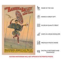 Load image into Gallery viewer, Digitally Restored and Enhanced 1898 Barnum &amp; Bailey Circus Poster - Japanese Slide for Life Daredevil Act - Victorian Aerialist - Archival Print

