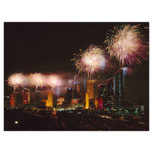 Load image into Gallery viewer, Digitally Restored and Enhanced Houston Texas Fireworks Skyline Print - Night Cityscape Celebration Photography - American Metropolis - Archival Print
