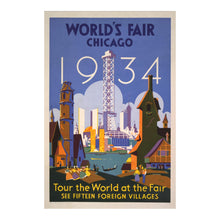 Load image into Gallery viewer, Digitally Restored and Enhanced 1934 Chicago Worlds Fair Foreign Villages Art Deco Poster - International Exposition History - Archival Reproduction
