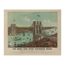 Load image into Gallery viewer, Digitally Restored and Enhanced 1890 Great East River Bridge Print - Currier Ives Brooklyn New York Suspension Landmark - Gilded Age - Archival Print
