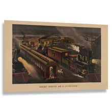 Cargar imagen en el visor de la galería, Digitally Restored and Enhanced 1885 Night Scene at a Junction Print - Currier Ives Railroad Train Locomotive Moonlight - Gilded Age - Archival Print
