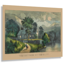 Load image into Gallery viewer, Digitally Restored and Enhanced 1856 The Cottage by the Cliff Print - Currier Ives Moonlit River Victorian Domestic Art - Hearthside - Archival Print
