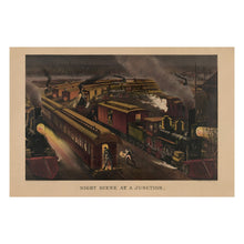 Cargar imagen en el visor de la galería, Digitally Restored and Enhanced 1885 Night Scene at a Junction Print - Currier Ives Railroad Train Locomotive Moonlight - Gilded Age - Archival Print
