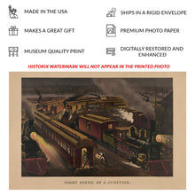 Cargar imagen en el visor de la galería, Digitally Restored and Enhanced 1885 Night Scene at a Junction Print - Currier Ives Railroad Train Locomotive Moonlight - Gilded Age - Archival Print
