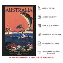 Cargar imagen en el visor de la galería, Digitally Restored and Enhanced 1930 Great Barrier Reef Game Fishing Travel Poster - Queensland Australia Coral Sea - Vintage Angling and Marine Wildlife Art
