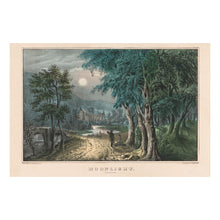 Cargar imagen en el visor de la galería, Digitally Restored and Enhanced 1856 Moonlight The Ruins Print - Currier Ives Nocturnal Romantic Ancient Bridge Couple - Grand Tour - Archival Print
