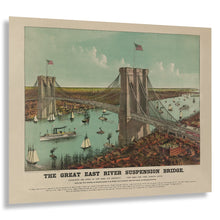 Load image into Gallery viewer, Digitally Restored and Enhanced 1890 Great East River Bridge Print - Currier Ives Brooklyn New York Suspension Landmark - Gilded Age - Archival Print
