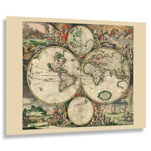 Load image into Gallery viewer, Digitally Restored and Enhanced 1689 Van Schagen World Map Print - Dutch Golden Age Double Hemisphere California Island - Amsterdam - Archival Print
