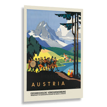 Cargar imagen en el visor de la galería, Digitally Restored and Enhanced 1910 Austria Village Band Travel Poster - Folk Musicians Scene - Austrian Culture Tourism Art - Alpine Lakeshore Print
