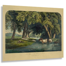 Cargar imagen en el visor de la galería, Digitally Restored and Enhanced 1859 Summer Shades Print - Currier Ives Pastoral Cows Stream Shepherd Antebellum Art - Country Life - Archival Print
