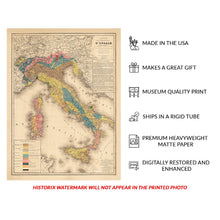 Load image into Gallery viewer, Digitally Restored and Enhanced 1844 Collegno Geological Map of Italy Print - Scientific Rock Formations Alps Sicily Volcanoes - Victorian Era - Archival Print
