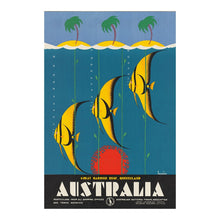 Load image into Gallery viewer, Digitally Restored and Enhanced 1930 Great Barrier Reef Queensland Travel Poster - Art Deco Design - Tropical Island Palms and Coral Fish - Australian Tourism

