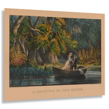 Cargar imagen en el visor de la galería, Digitally Restored and Enhanced 1856 A Landing in the Woods Print - Currier Ives Victorian Courtship Rowboat Romantic - Antebellum - Archival Print
