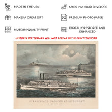 Load image into Gallery viewer, Digitally Restored and Enhanced 1870 Steamboats Passing at Midnight Print - Currier Ives Long Island Sound Maritime Moon - Gilded Age - Archival Print
