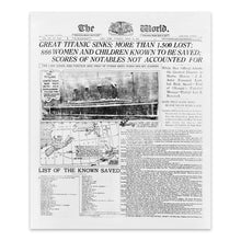 Load image into Gallery viewer, Digitally Restored and Enhanced 1958 Photograph of The World Newspaper Headlining The Sinking of The Titanic - Titanic on Vintage Newspaper Photo Print
