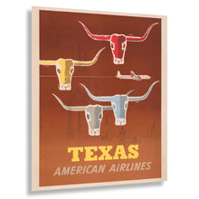 Cargar imagen en el visor de la galería, Digitally Restored and Enhanced  1953 Texas American Airlines Travel Poster - Longhorn Cattle - Golden Age Aviation - Museum-Quality Print
