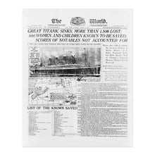 Load image into Gallery viewer, Digitally Restored and Enhanced 1958 Photograph of The World Newspaper Headlining The Sinking of The Titanic - Titanic on Vintage Newspaper Photo Print
