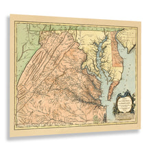 Load image into Gallery viewer, Digitally Restored and Enhanced 1757 Virginia and Maryland Map Print - Vintage Map of Virginia &amp; Maryland Poster - Carte de la Virginie et du Maryland
