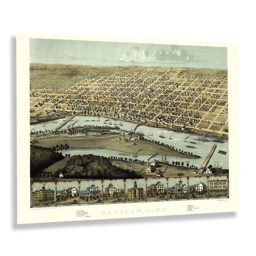 Digitally Restored and Enhanced 1867 Saginaw City Michigan Map Poster - Bird's Eye View of Saginaw Michigan Wall Art Print - Vintage Michigan Map History