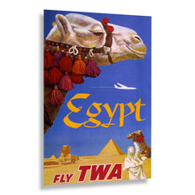 Load image into Gallery viewer, Digitally Restored and Enhanced 1960 Egypt Fly TWA Travel Poster - Pyramids Sphinx Camel - Mid-Century Jet Age Aviation Art - Archival Print

