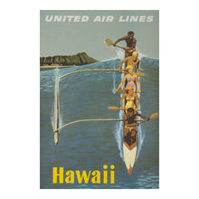 Cargar imagen en el visor de la galería, Digitally Restored and Enhanced 1960 Hawaii United Air Lines Travel Poster - Diamond Head Waikiki Outrigger Canoe - Mid-Century Aviation - Archival Print
