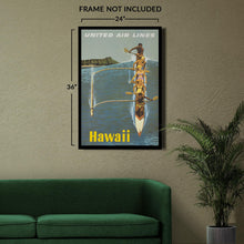 Cargar imagen en el visor de la galería, Digitally Restored and Enhanced 1960 Hawaii United Air Lines Travel Poster - Diamond Head Waikiki Outrigger Canoe - Mid-Century Aviation - Archival Print
