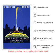 Load image into Gallery viewer, Digitally Restored and Enhanced 1939 Chicago Buckingham Fountain Travel Poster - WPA Federal Art Project - Urban Tourism Architecture - Archival Reproduction
