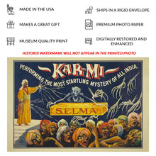 Load image into Gallery viewer, Digitally Restored and Enhanced 1914 Kar-mi Startling Mystery of India Magician Poster - Victorian Era Magic Entertainment History - Archival Reproduction
