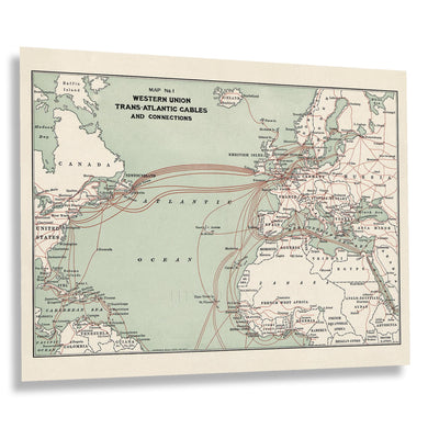 Digitally Restored and Enhanced 1900 Western Union Transatlantic Cables Map Print - Vintage Map of Western Union Transatlantic Cables Poster Wall Art