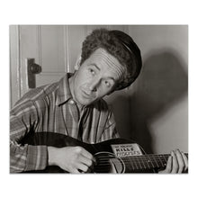 Load image into Gallery viewer, Digitally Restored and Enhanced 1943 Woody Guthrie Photo Print - Vintage Portrait Photo of Woody Guthrie Playing Guitar - Woody Guthrie Old Poster Photo
