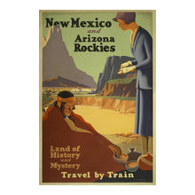Load image into Gallery viewer, Digitally Restored and Enhanced 1925 New Mexico Arizona Railroad Travel Poster - Southwest Native Art - Golden Age Rail Tourism - Archival Reproduction
