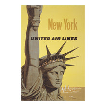 Load image into Gallery viewer, Digitally Restored and Enhanced 1960 New York United Air Lines Travel Poster - Statue of Liberty Manhattan Skyline - Mid-Century Aviation - Archival Print
