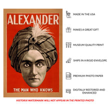 Load image into Gallery viewer,  Digitally Restored and Enhanced 1900 Alexander Mentalist Poster - The Man Who Knows Mind Reading - Vaudeville Golden Age Theater - Archival Print
